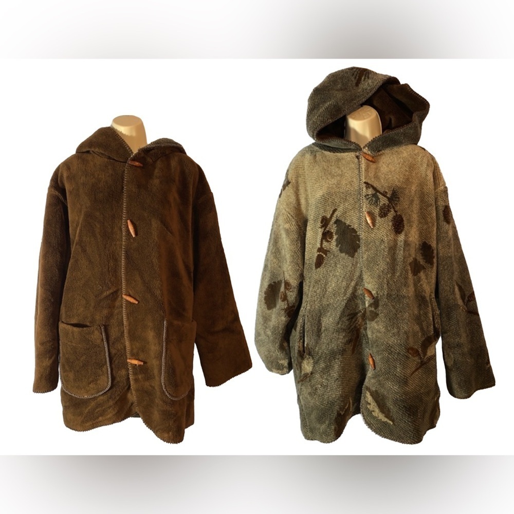 Denali vintage reversible faux fur hooded toggle coat brown teddy gray oak leaf